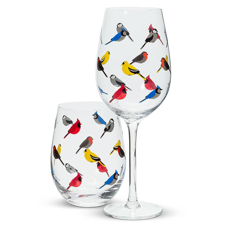 Multi Bird Stemless Wine Glass and traditional wine glass set by Abbott, showcasing a whimsical pattern of colorful birds against clear glass.