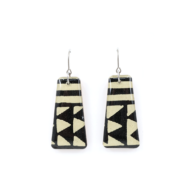 Close-up of Modern Katazome paper dangles - Long rectangle earrings, featuring intricate patterns and UV-cured resin, highlighting their unique craftsmanship.