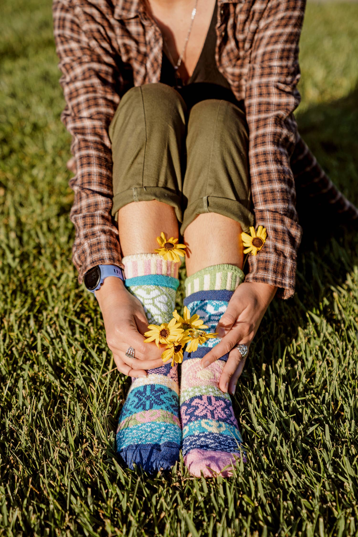 Close-up view of the Hummingbird Crew Socks showcasing their unique pattern, part of the Give Back Collection to support hummingbird conservation.