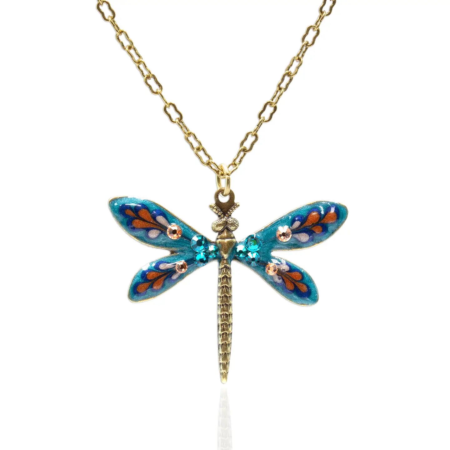 Close-up view of the Crystal Dragonfly Necklace showcasing vibrant hand enameling and antique brass details.