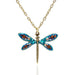 Close-up view of the Crystal Dragonfly Necklace showcasing vibrant hand enameling and antique brass details.