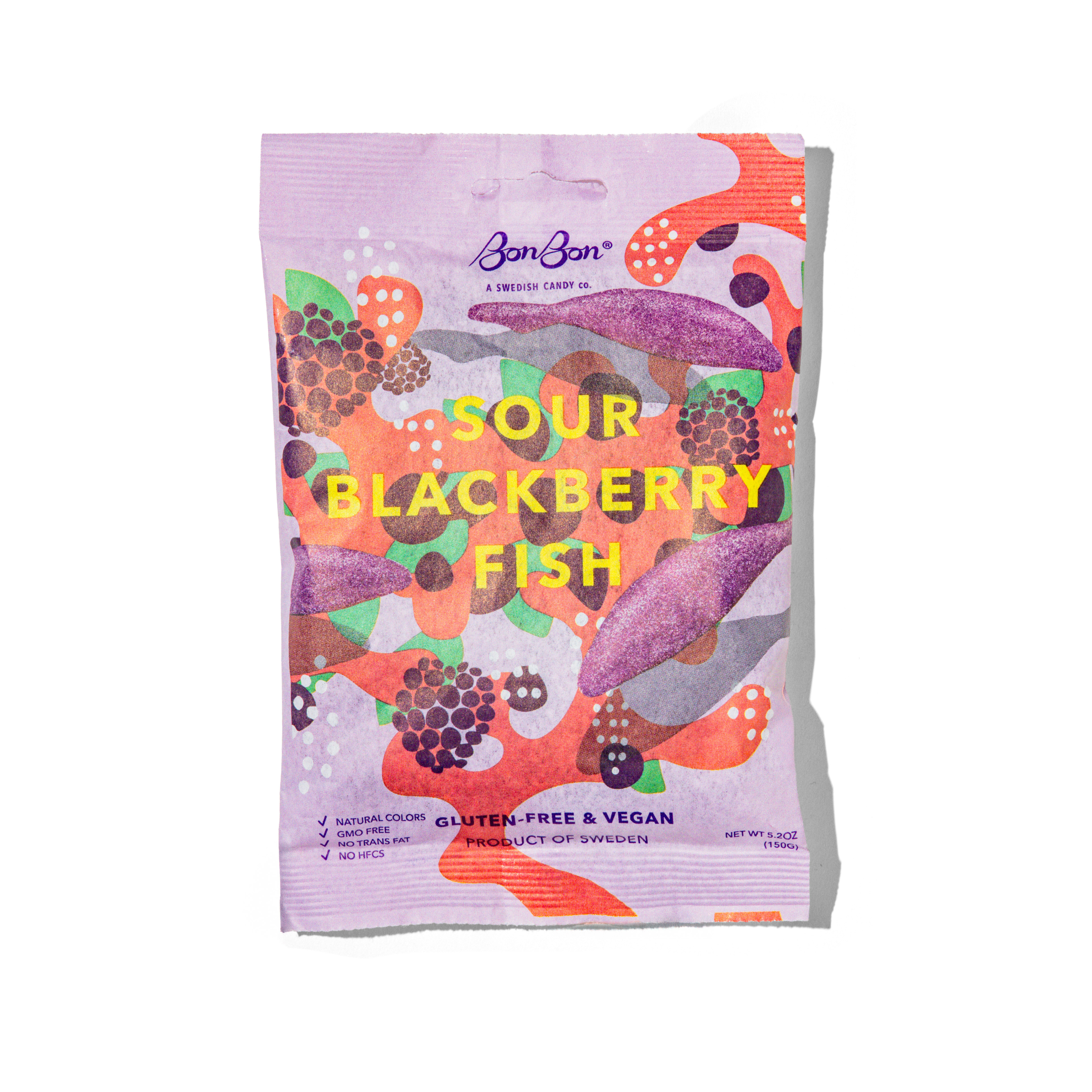 Close-up view of Sour Blackberry Fish - Swedish Candy featuring deliciously colorful and sour gummy fish, perfect for sweets lovers.