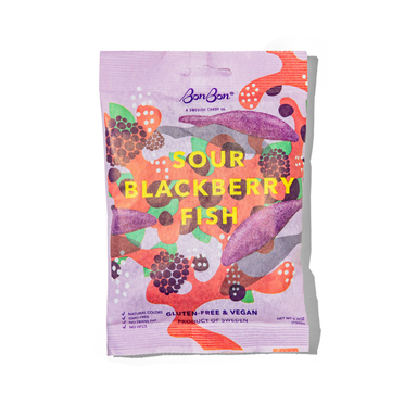 Close-up view of Sour Blackberry Fish - Swedish Candy featuring deliciously colorful and sour gummy fish, perfect for sweets lovers.
