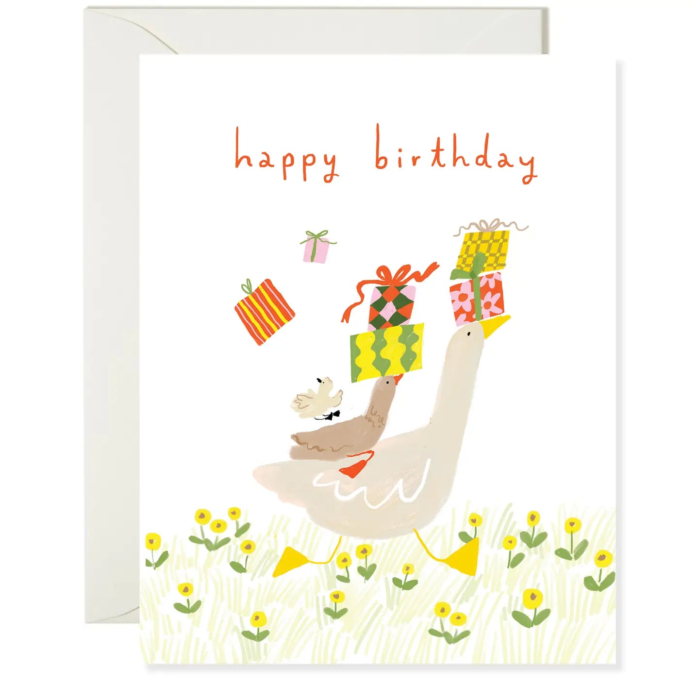 A colorful birthday greeting card featuring a whimsical illustration of a duck carrying gifts with the text 'happy birthday'. Part of the Karen Schipper Card Collection.