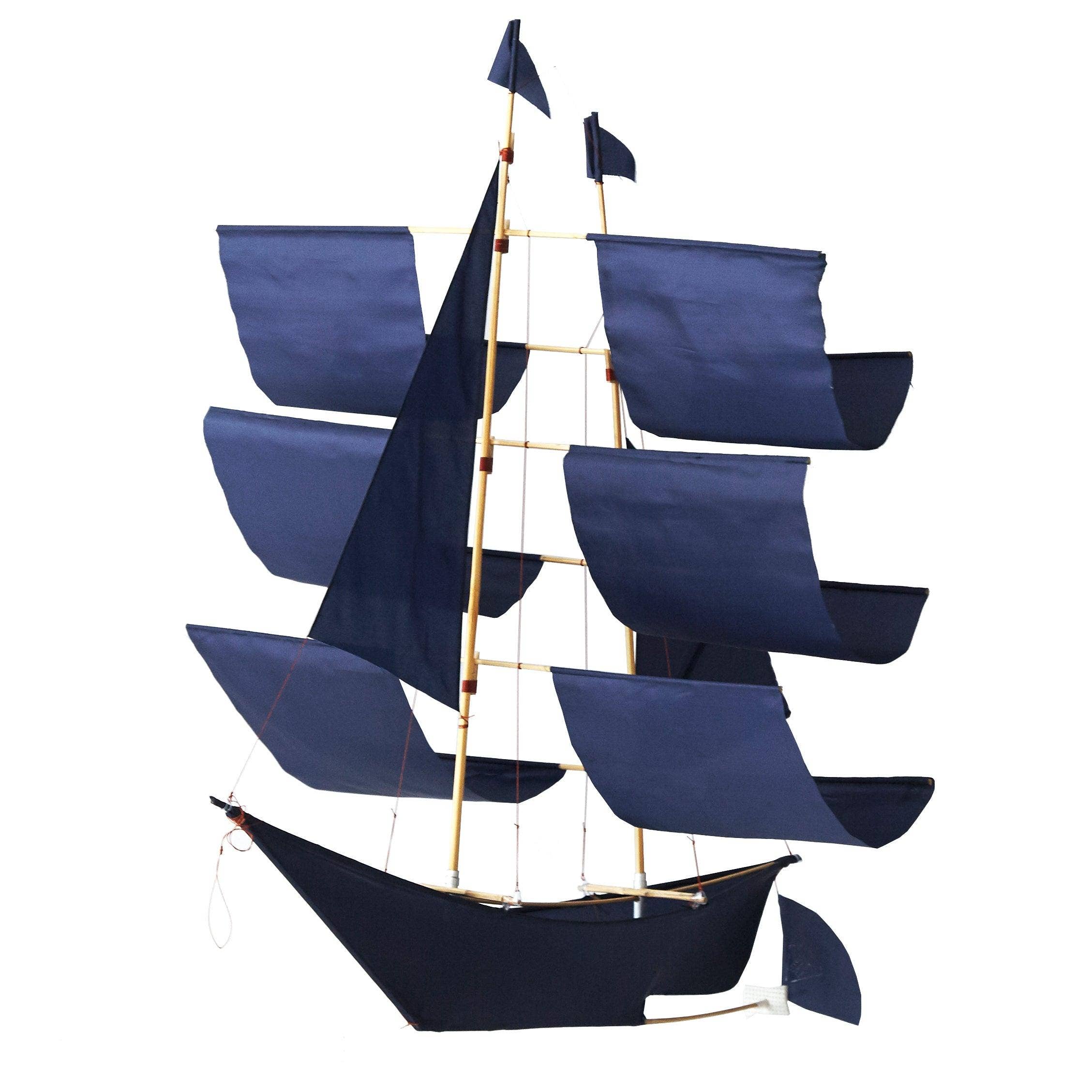 Navy blue Sailing Ship Kite by Haptic Lab, showcasing an elegant ship silhouette with several sails, ideal for kite flying enthusiasts and decorative purposes.