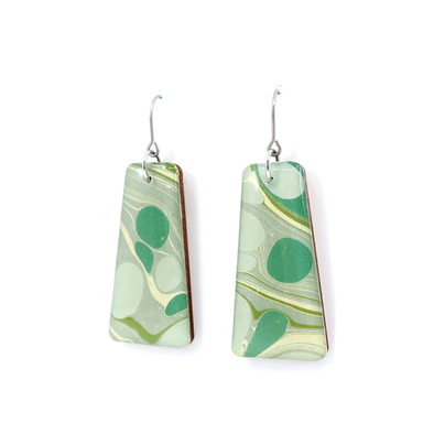 Mid century modern green marble dangle modern earrings showcasing unique hand-marbled design and titanium wire hooks for sensitive ears.