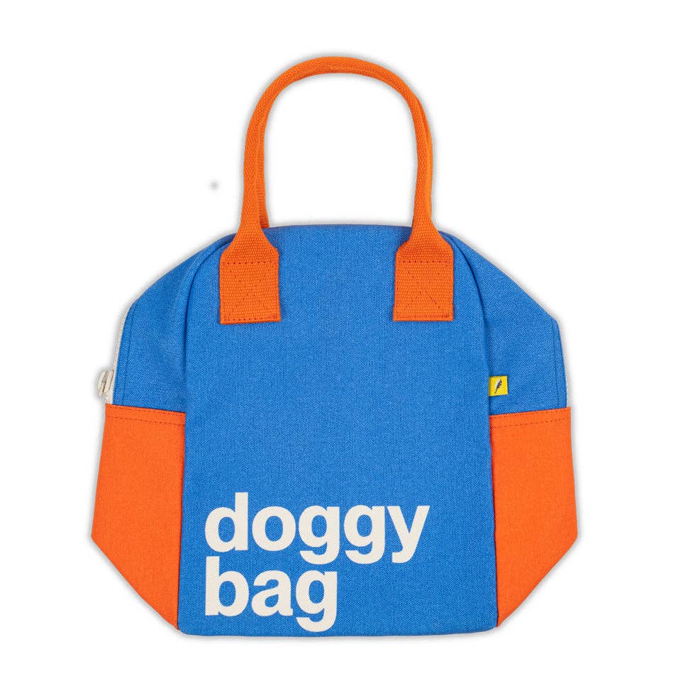 Blue and orange bag labeled 'doggy bag' 