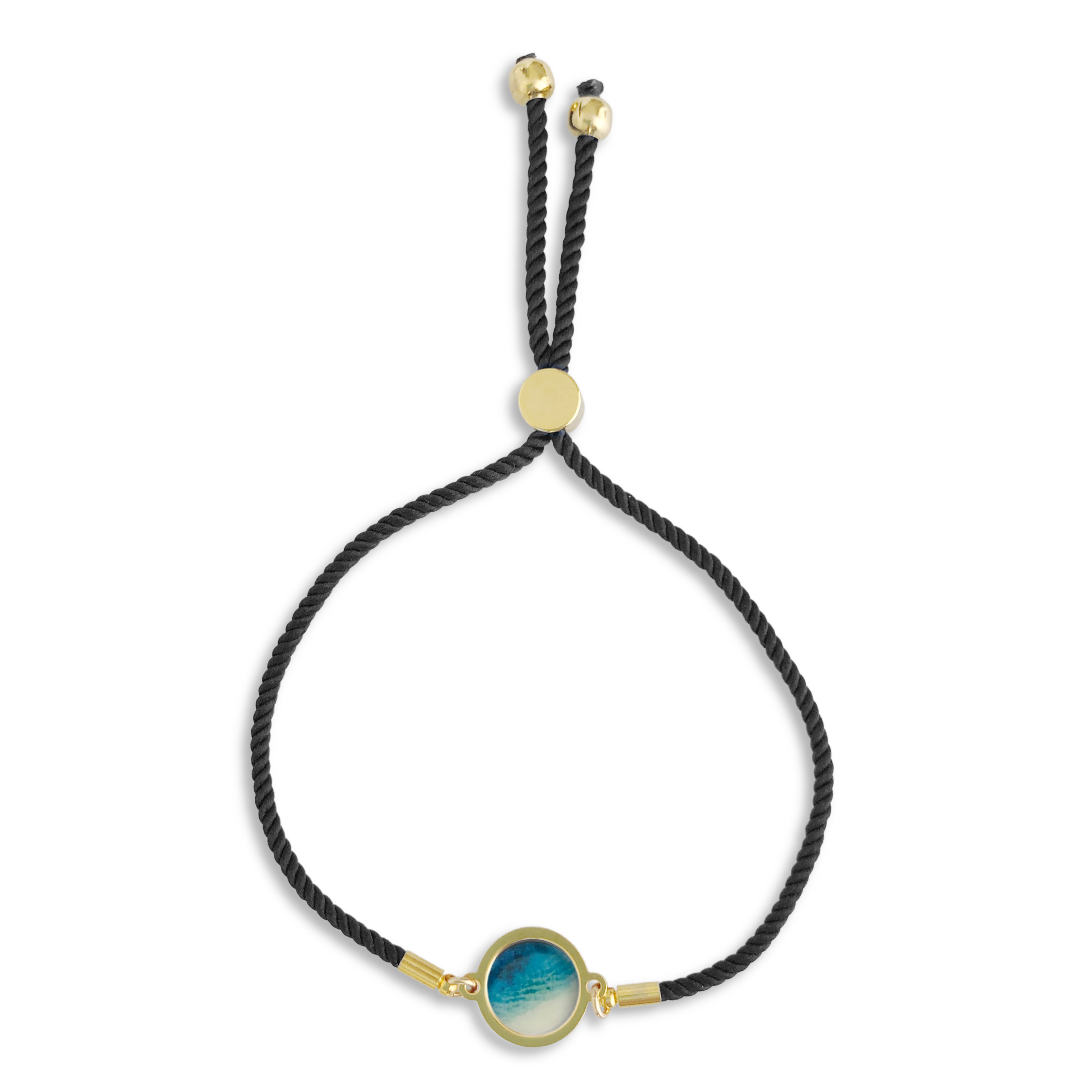 Slide Bracelet - Rise With The Tide: Black / Gold Plated by Foterra Jewelry featuring a vibrant nylon cord and a decorative circular gold-plated bead.
