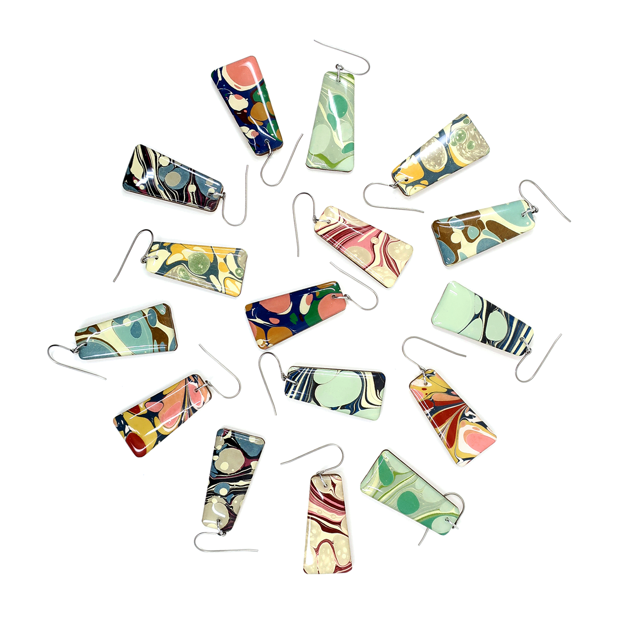 Stylish mid century modern mustard yellow marble earrings made from laser cut wood and coated with UV-cured resin, each pair is one of a kind.
