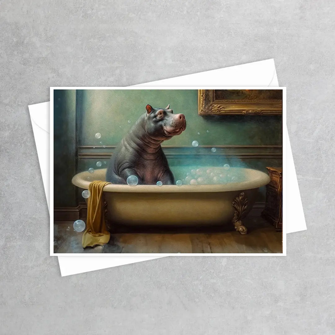 hippo taking a bath greeting card