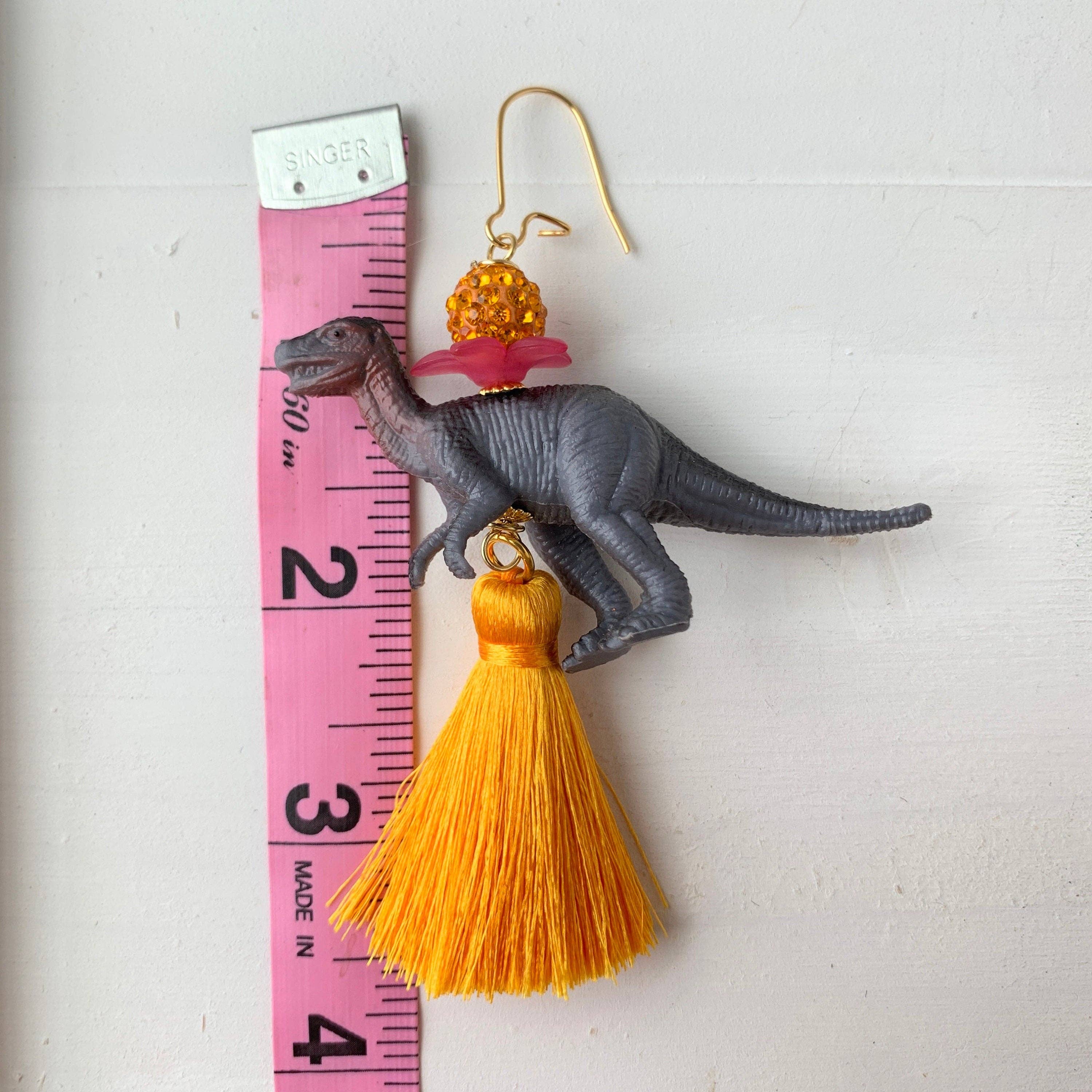 4" dinosaur yellow tassel earrings