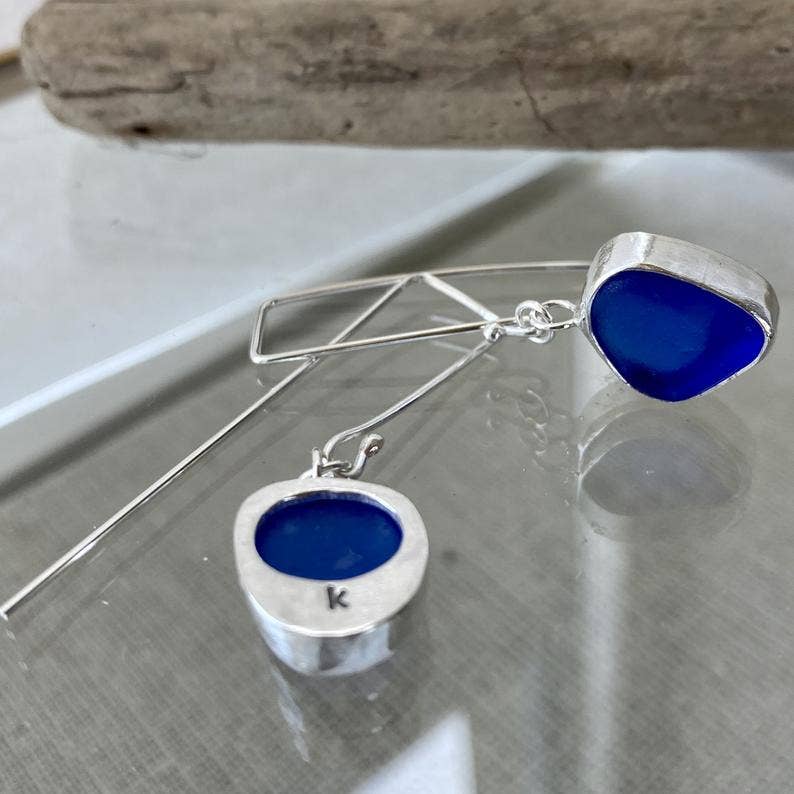 blue sea glass silver drop earrings