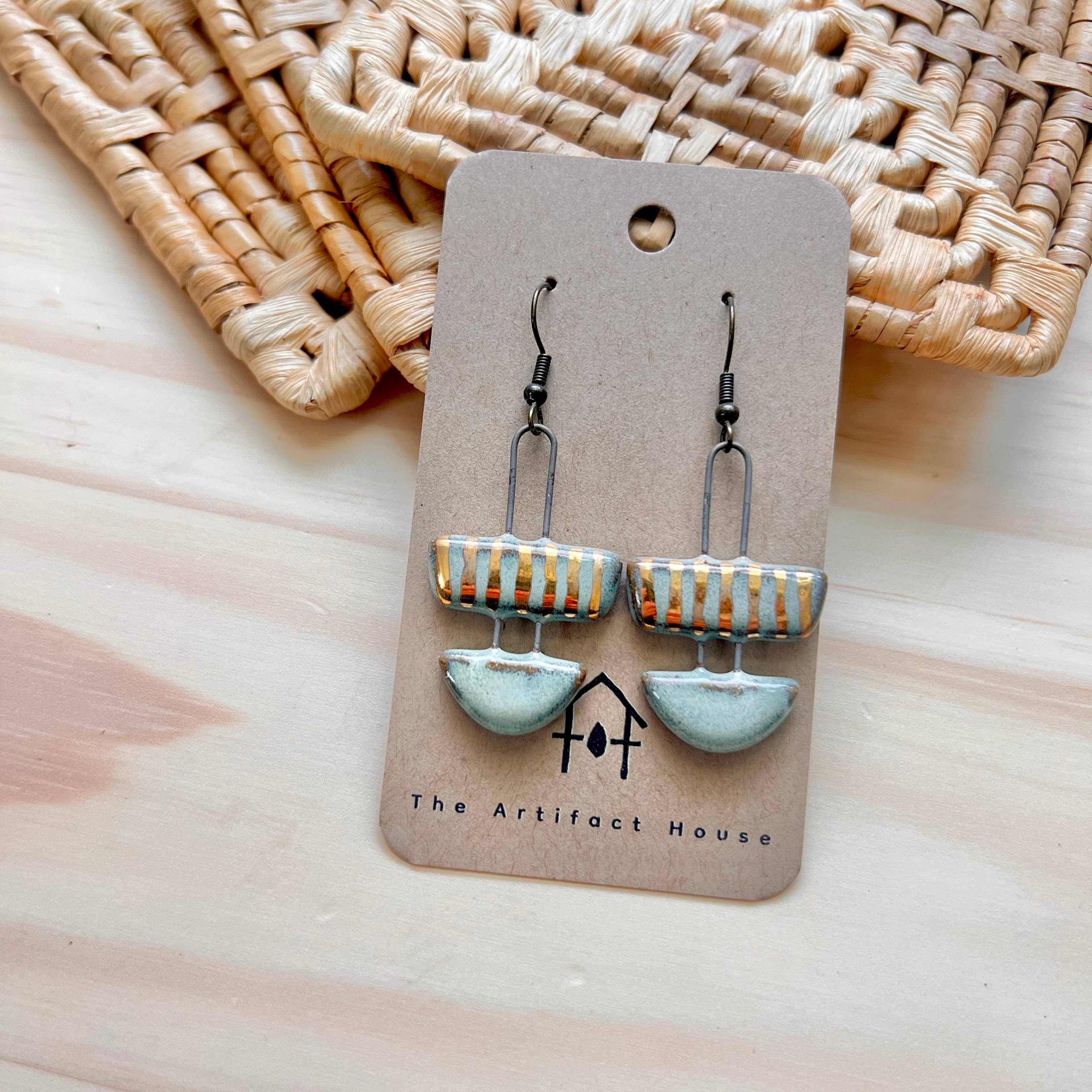 Turquoise Two Piece Striped Ceramic Clay Earrings