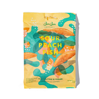 Close-up of Sour Peach Fish - Swedish Candy 5.2oz (150g) highlighting the peach and apricot flavors in a delicious gummy treat.