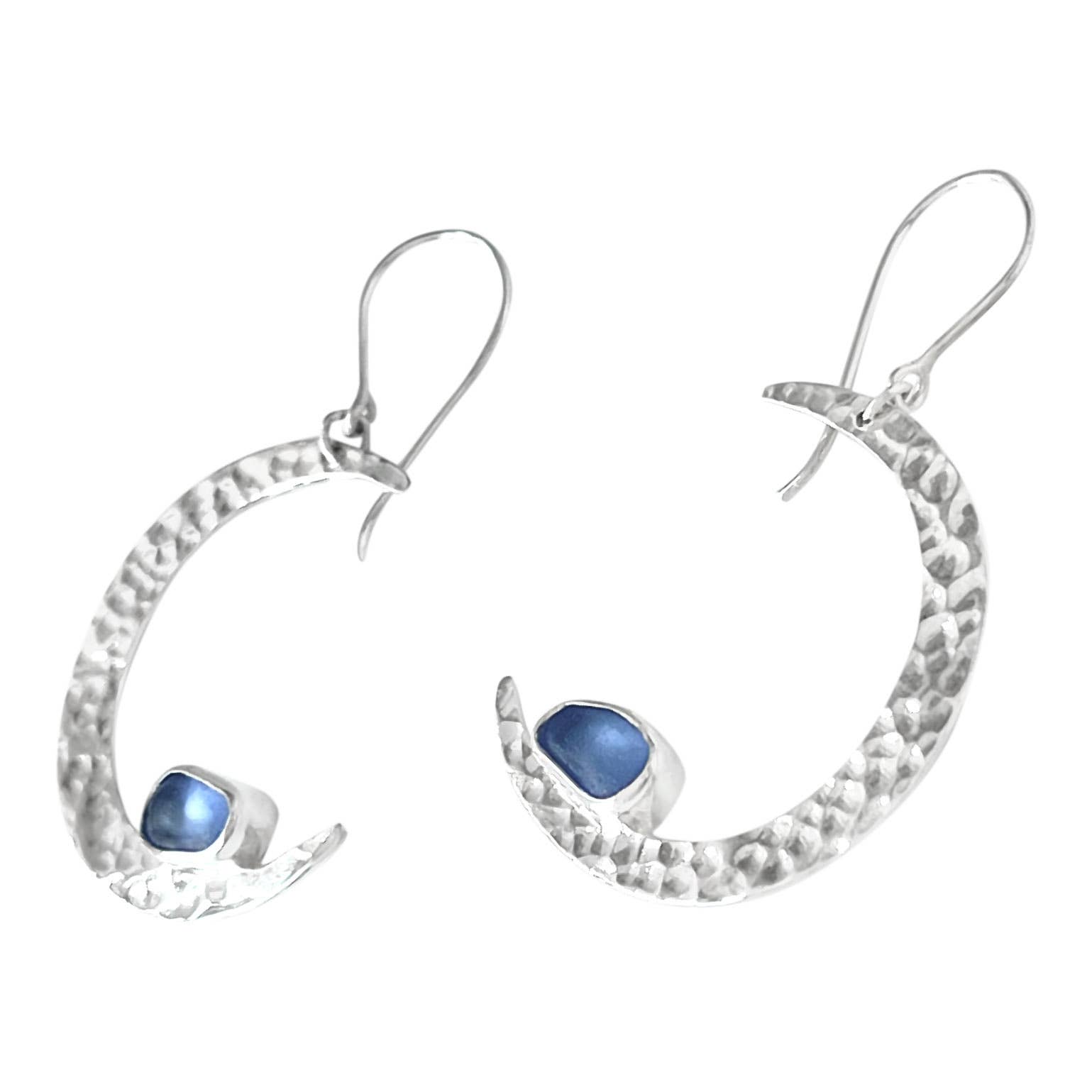 blue Sea glass earrings with crescent silver earrings