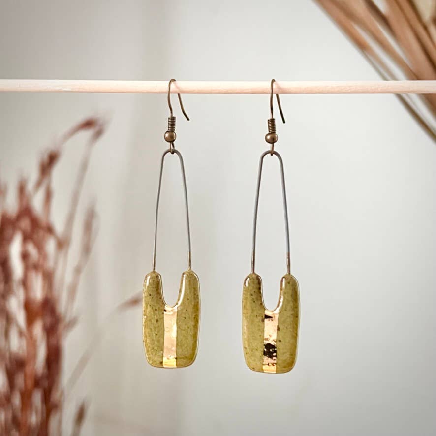 Speckled Olive and Gold Dropped Rectangle Clay Earrings