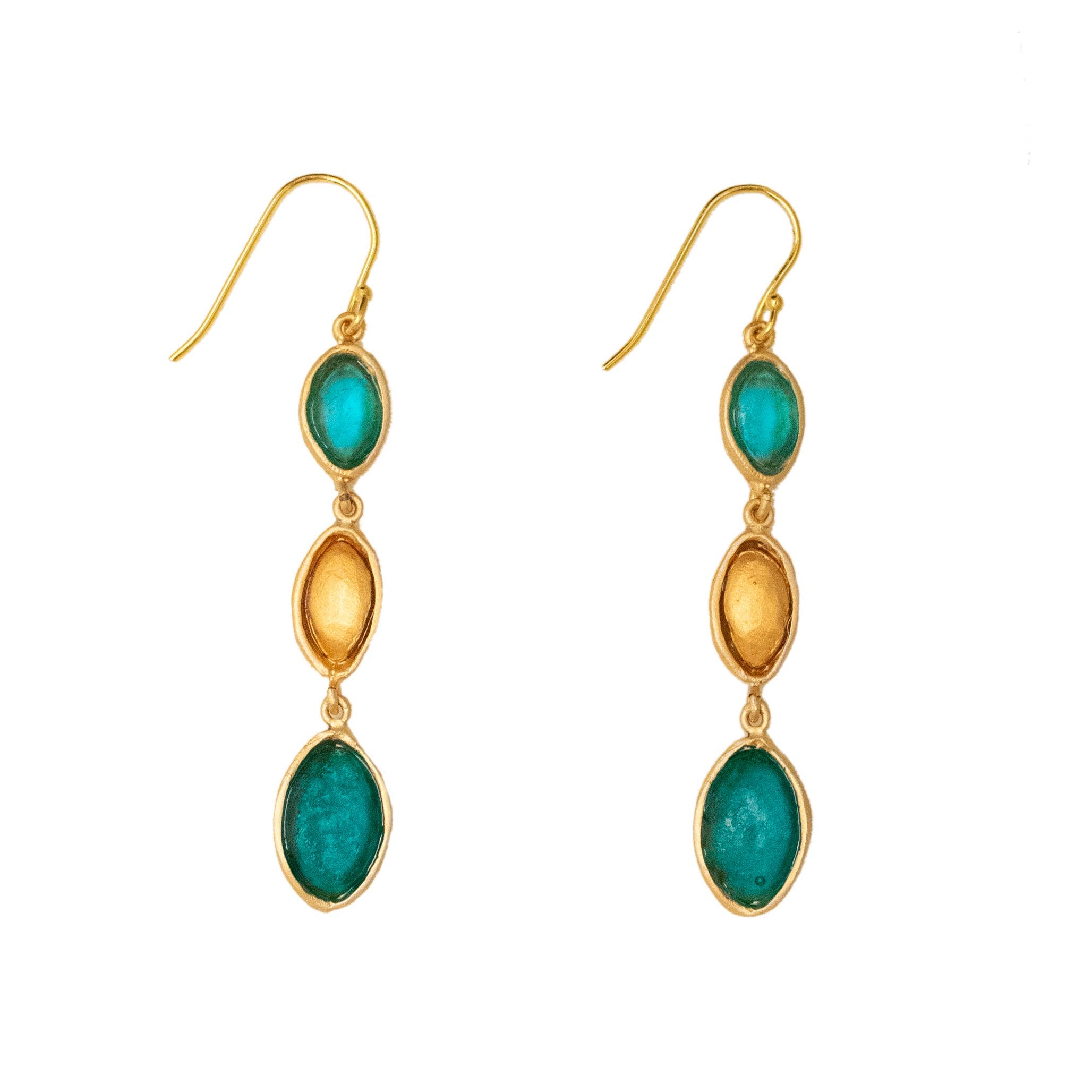 Peacock 3-Drop Earrings by Michael Vincent Michaud featuring a beautiful design with cast bronze and a 24K gold finish, accented with vibrant cast glass.