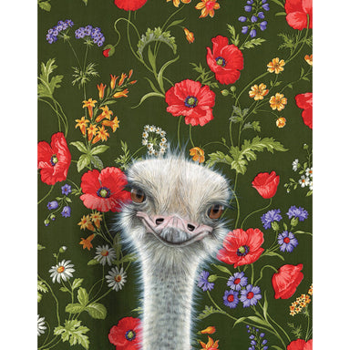 Close-up of an Ostrich fine art print by Emily Uchytil with vibrant red and purple flowers in the background, ideal for adding character to any space.