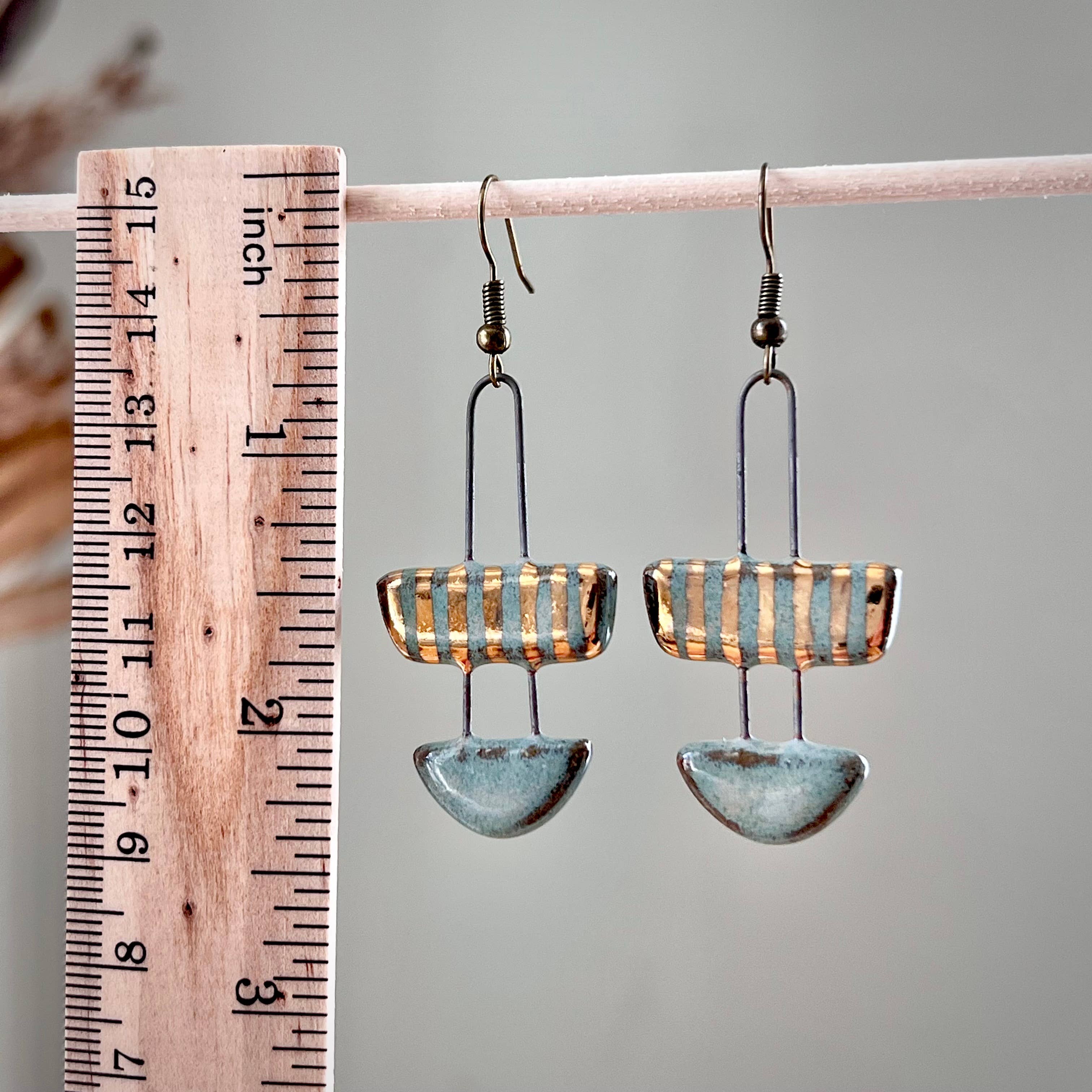 Turquoise Two Piece Striped Ceramic Clay Earrings