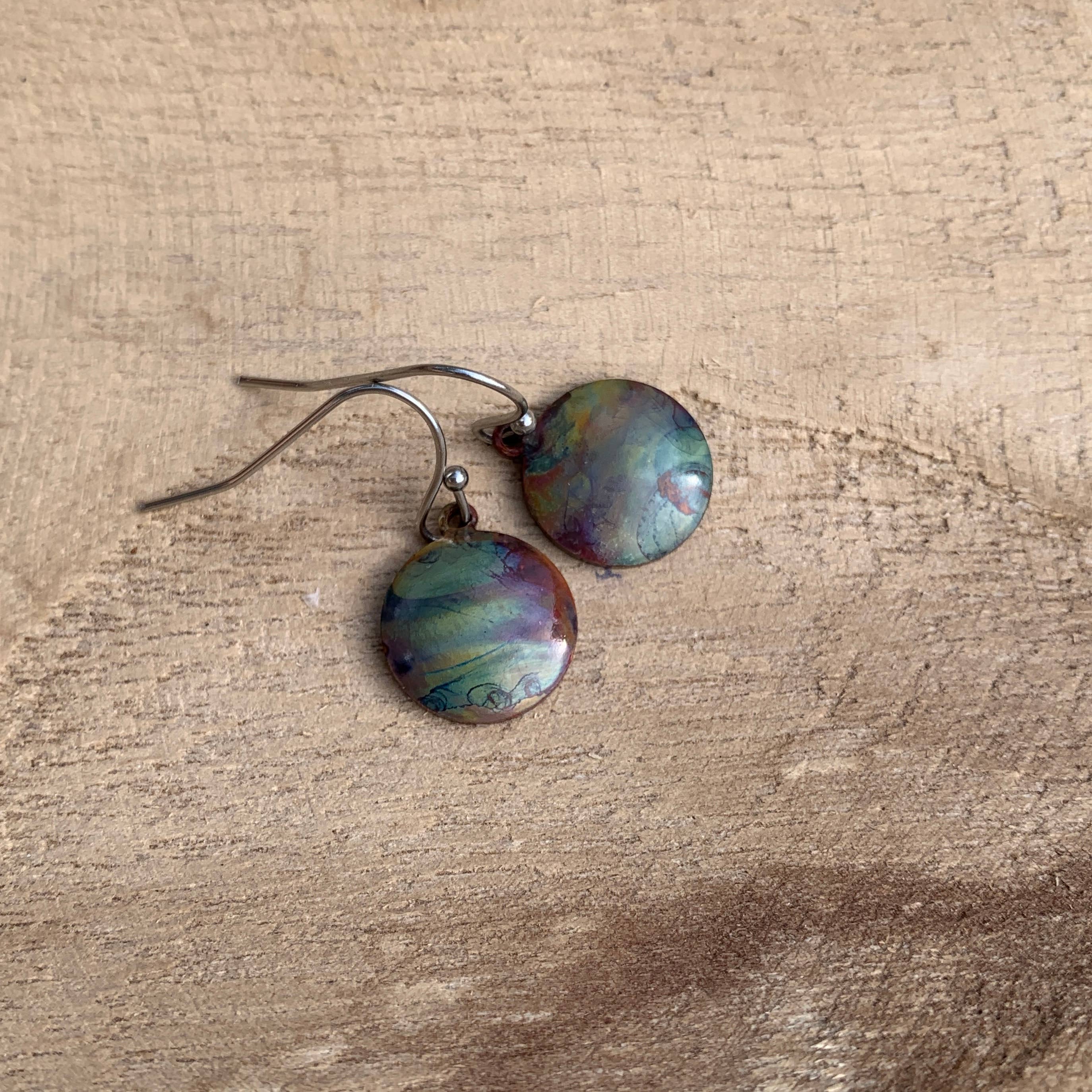Small Round Fire Painted Copper Earrings