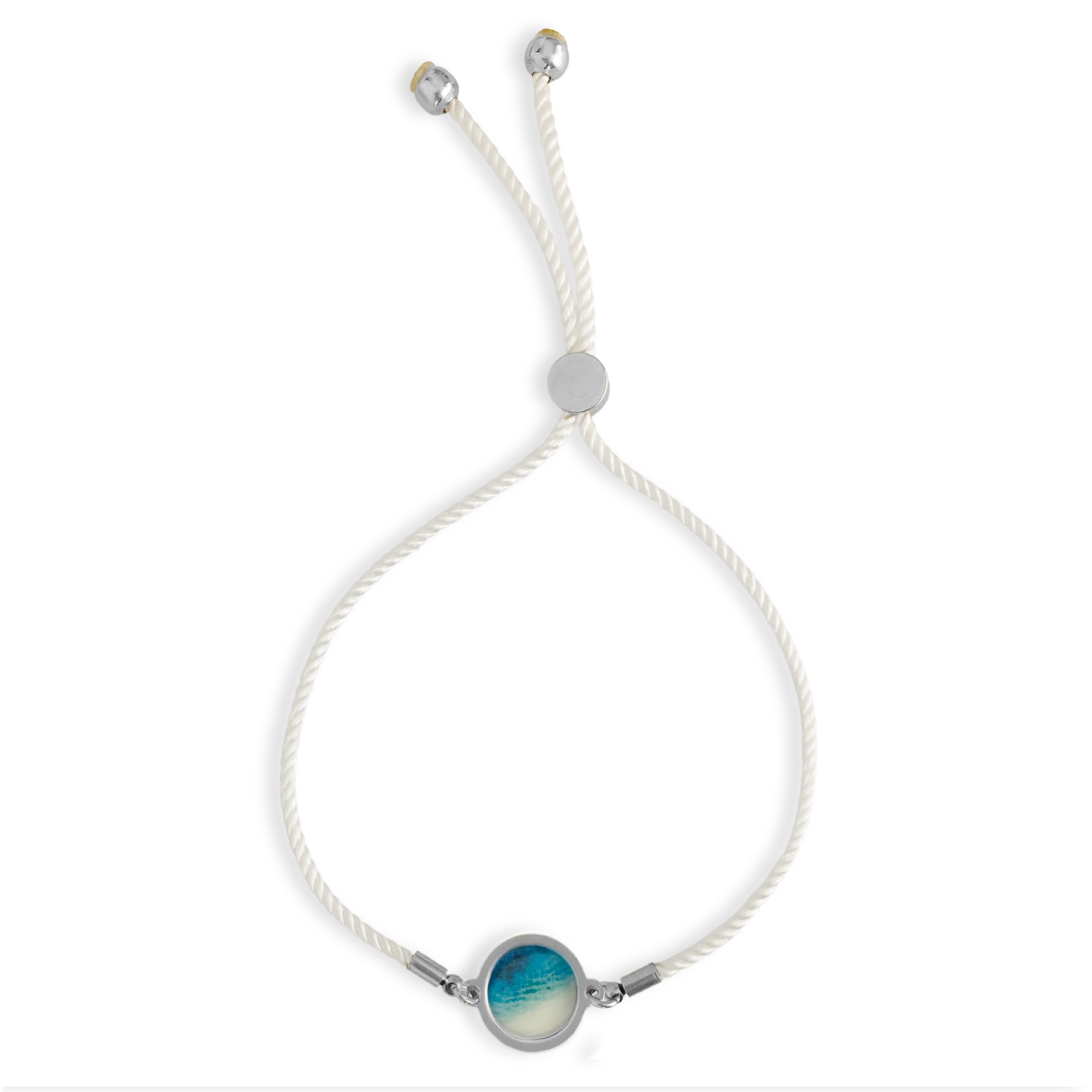 Foterra Jewelry Slide Bracelet - Rise With The Tide: Black / Gold Plated displaying a white nylon cord and silver circular bead.