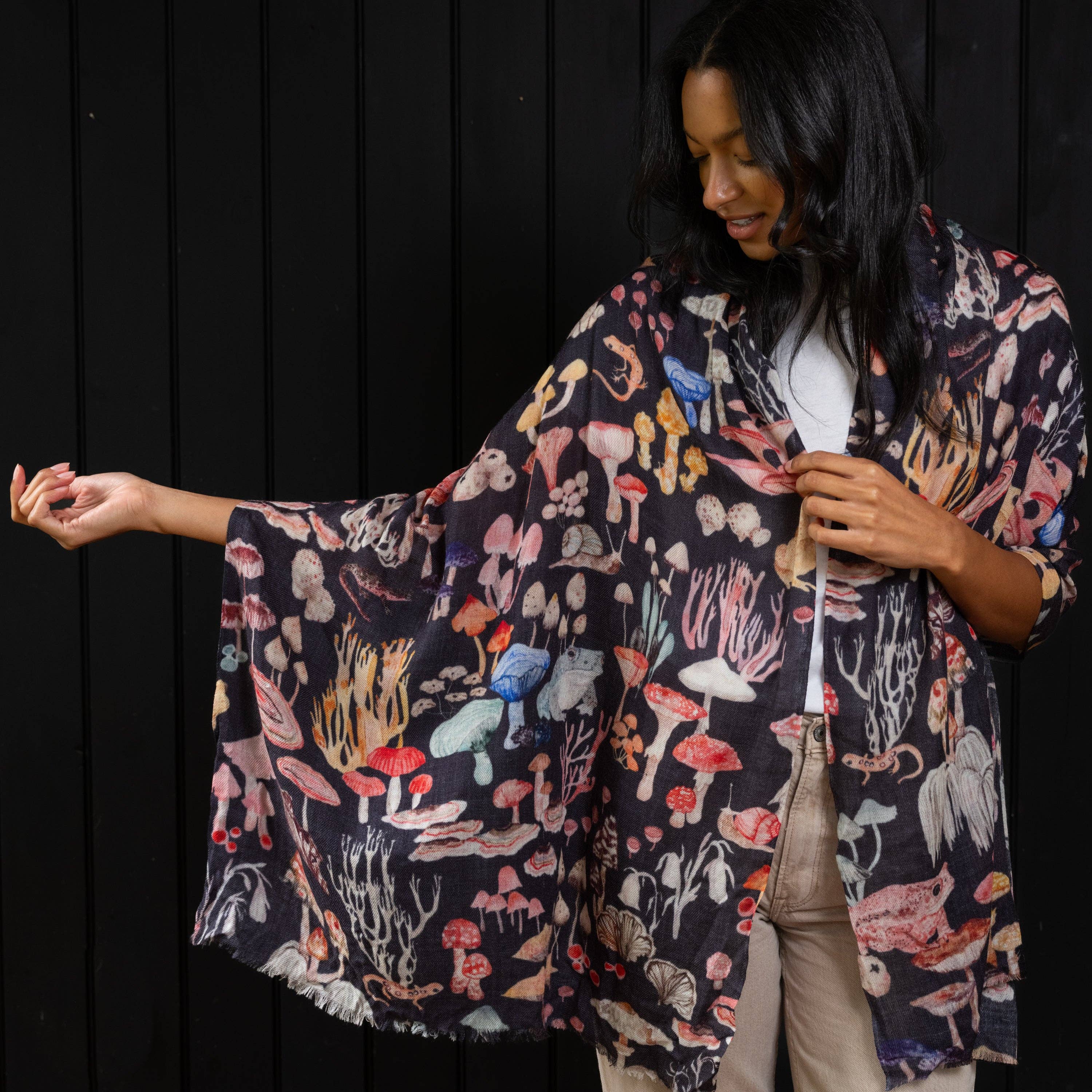 woman wearing Mushroom wool scarf