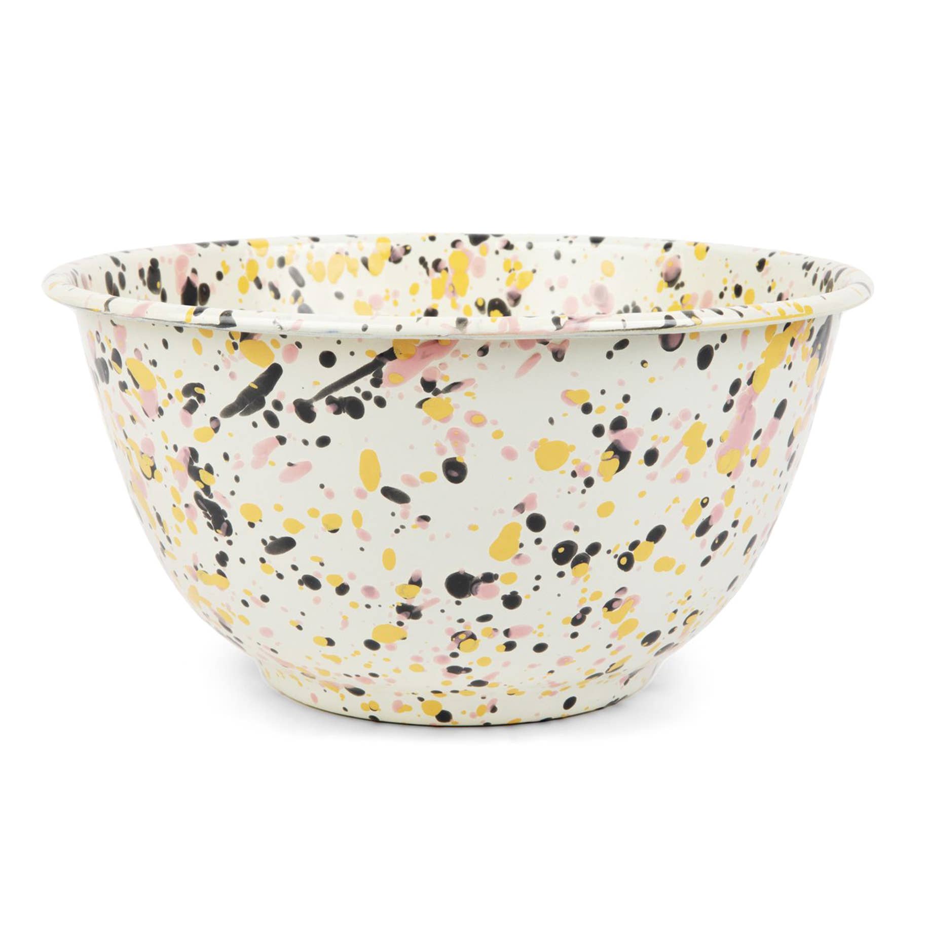 Catalina Large Salad Bowl by Crow Canyon Home in a striking pink and gold sprinkled pattern. This enamelware bowl is stylish and durable, suitable for a variety of dishes.