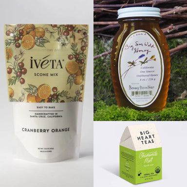 Delightful Tea Time Trio featuring Big Heart Tea, Iveta’s scone mix, and Bonny Doon Farms honey for a cozy tea experience.