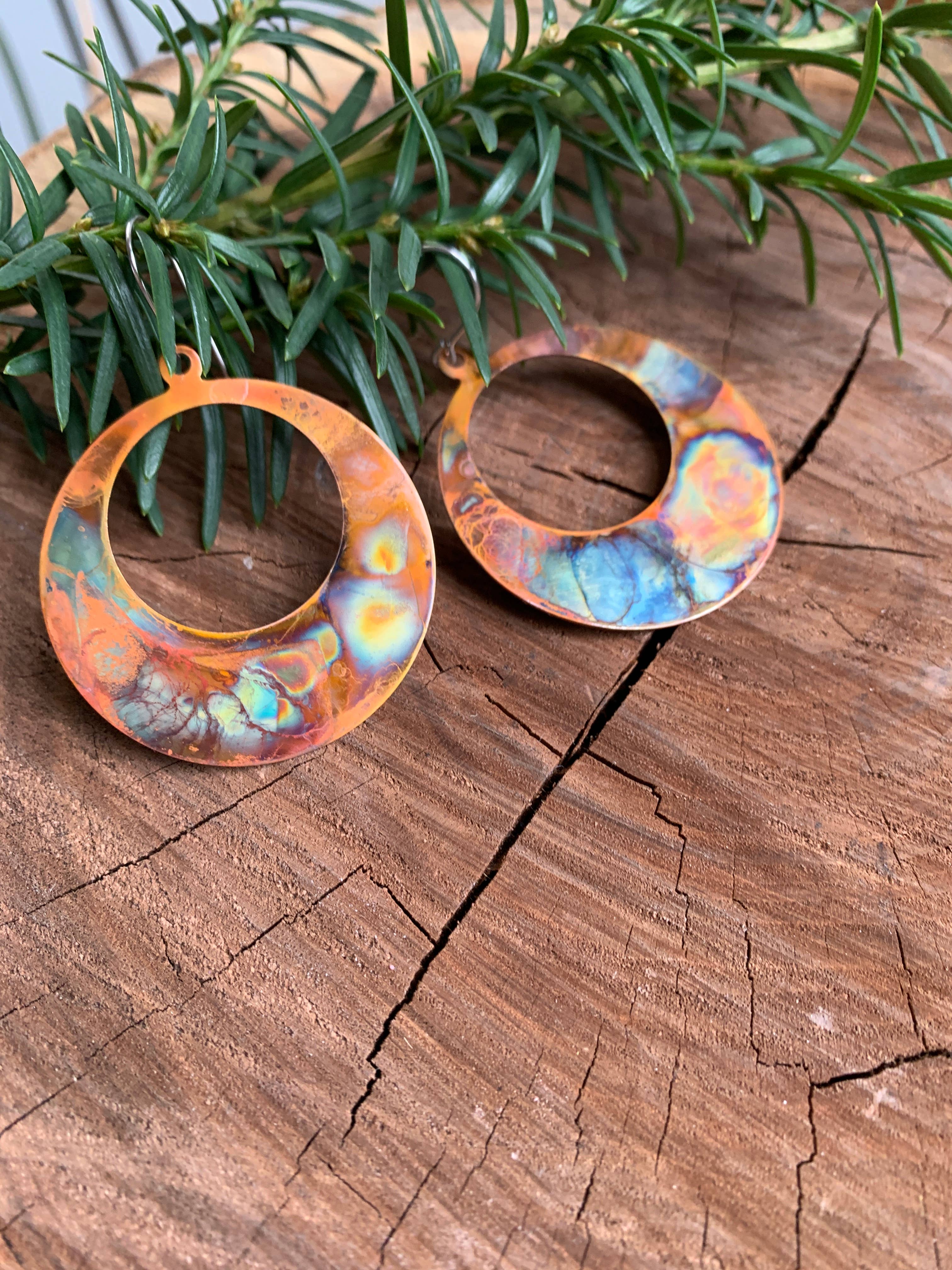Boho Large circle earrings crafted from unique painted copper, featuring vibrant colors and patterns, lightweight design with stainless steel French hooks.
