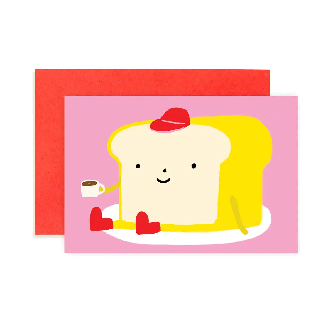 Whimsical bread character with a coffee cup on mini note card from Karen Schipper Mini Note Card Collection, showcasing playful colors and a fun design.