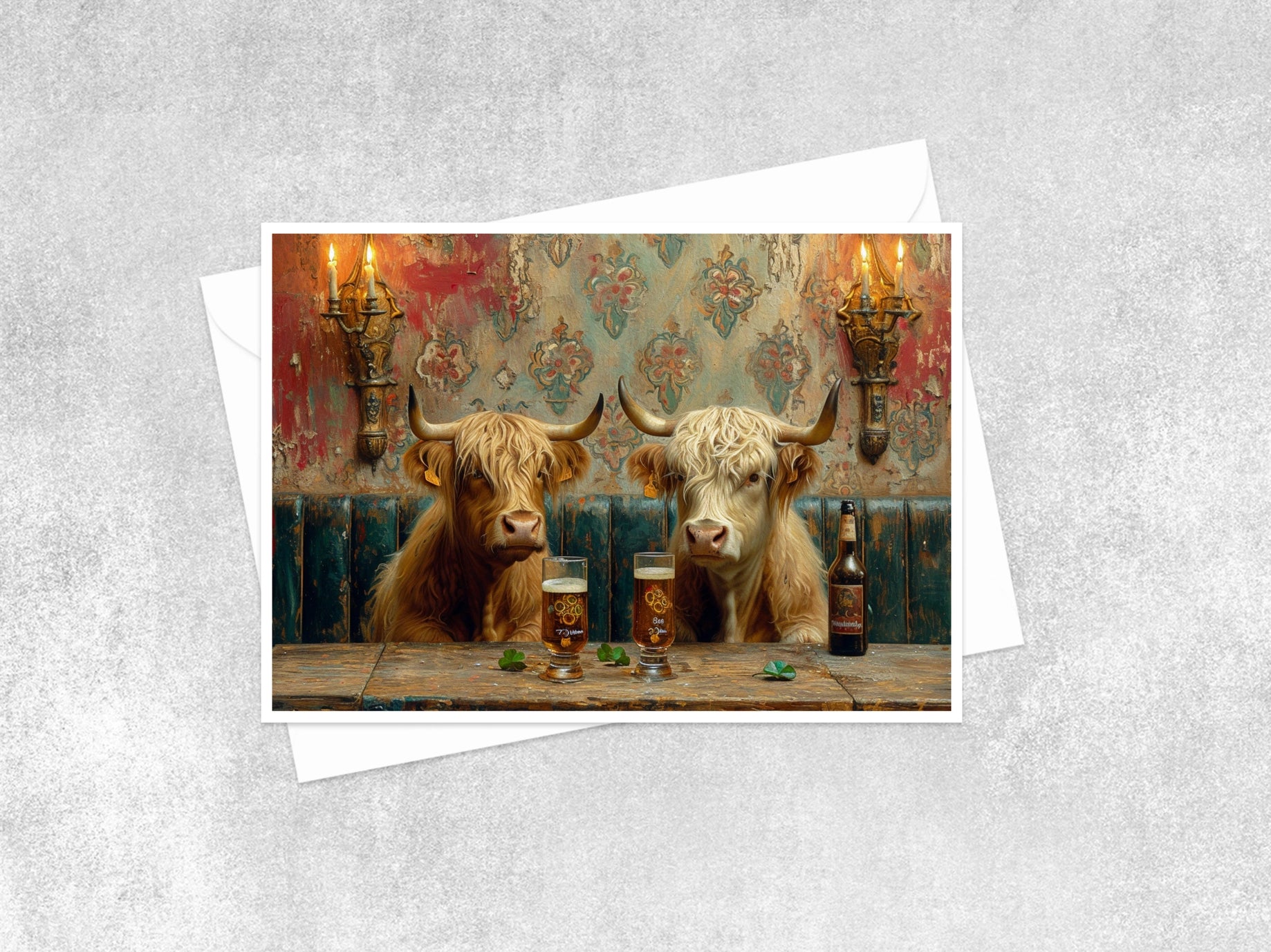 2 bulls drinking a beer greeting card