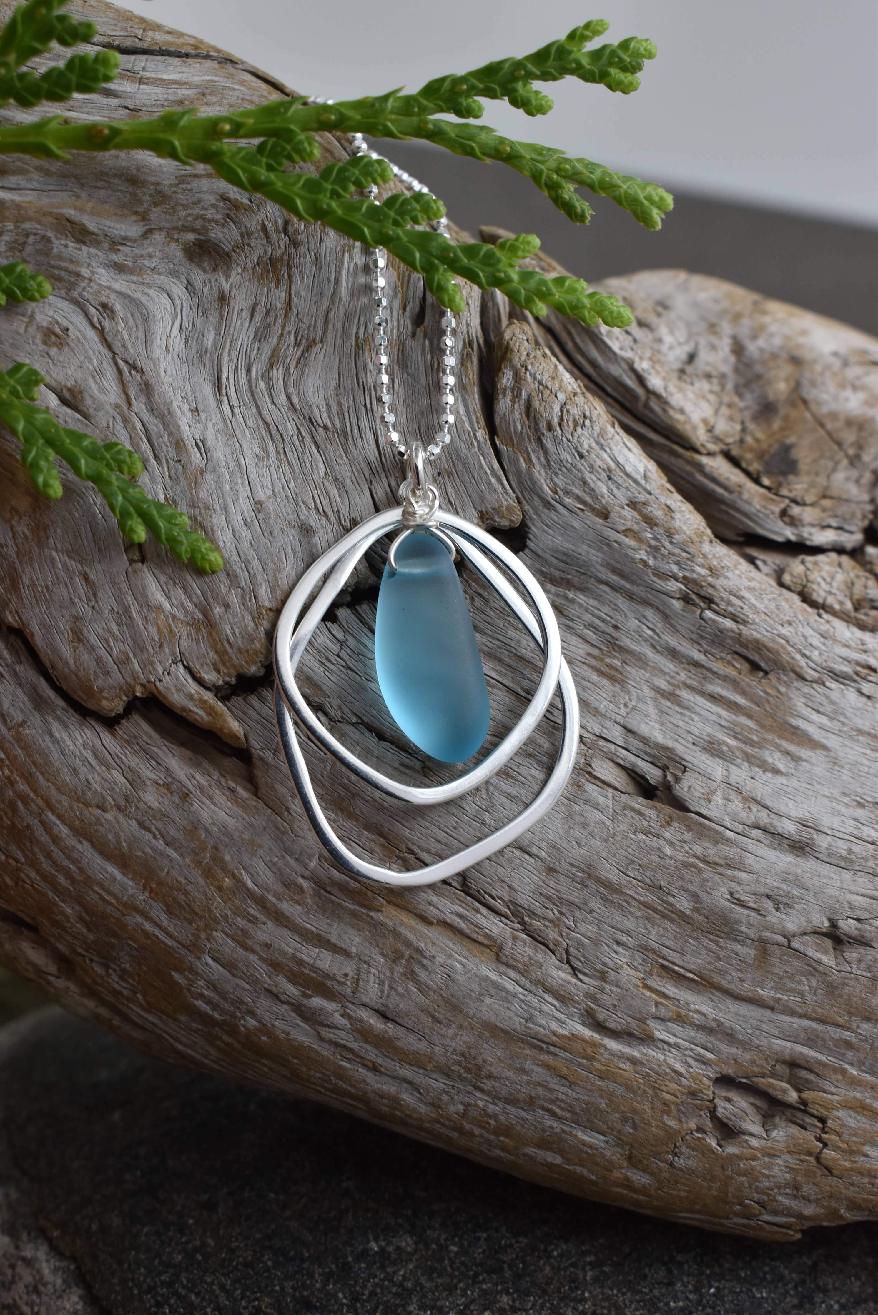 Organic double layer silver + glass pendant: 18 inch / AQUA