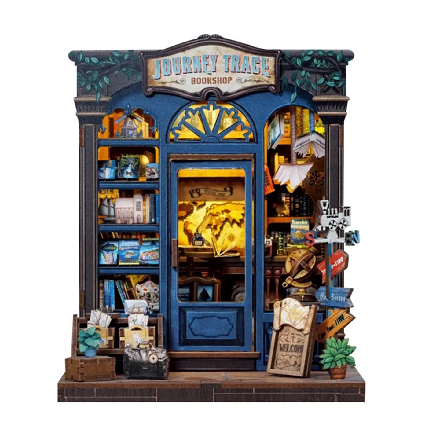 Journey Trace Bookshop miniature model by Hands Craft, displaying an inviting storefront with bookshelves and travel-themed decorations, great for DIY Miniature Book Nooks.