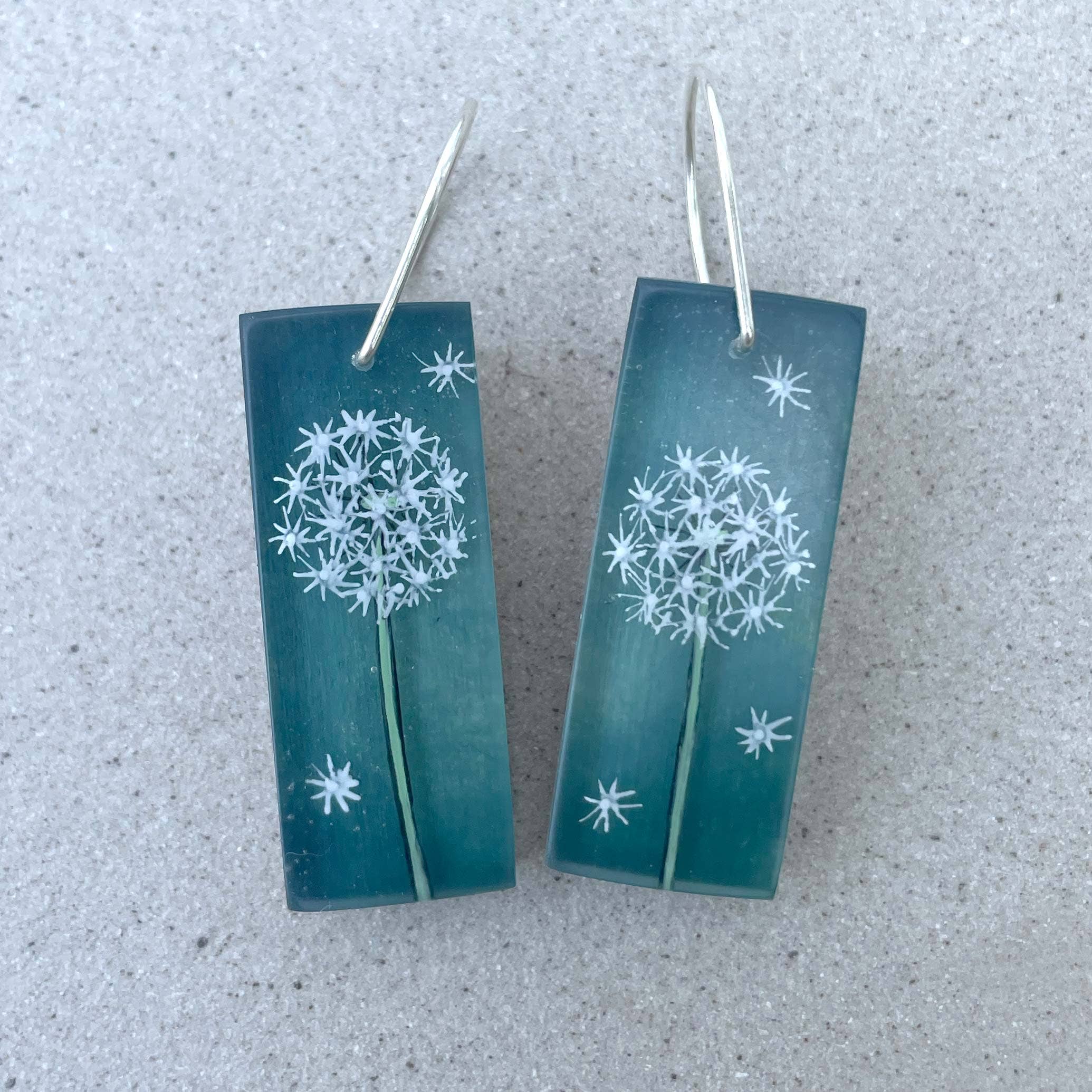Hand painted dandelions layered in polished resin earrings