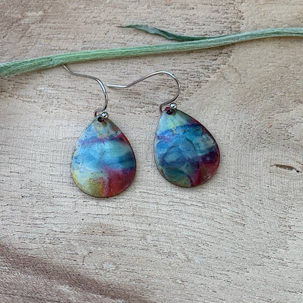 Small Teardrop Fire Painted Copper Earrings