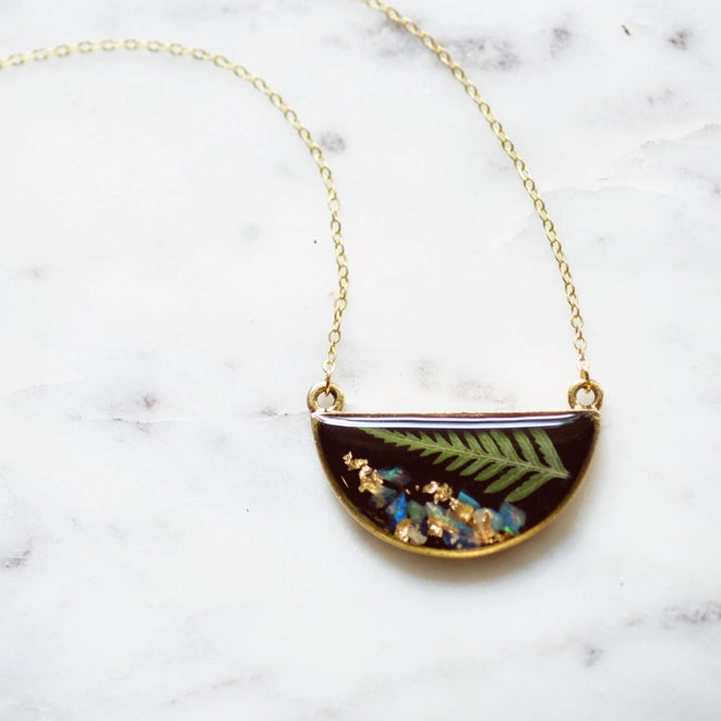 gold pressed fern necklace with gemstones