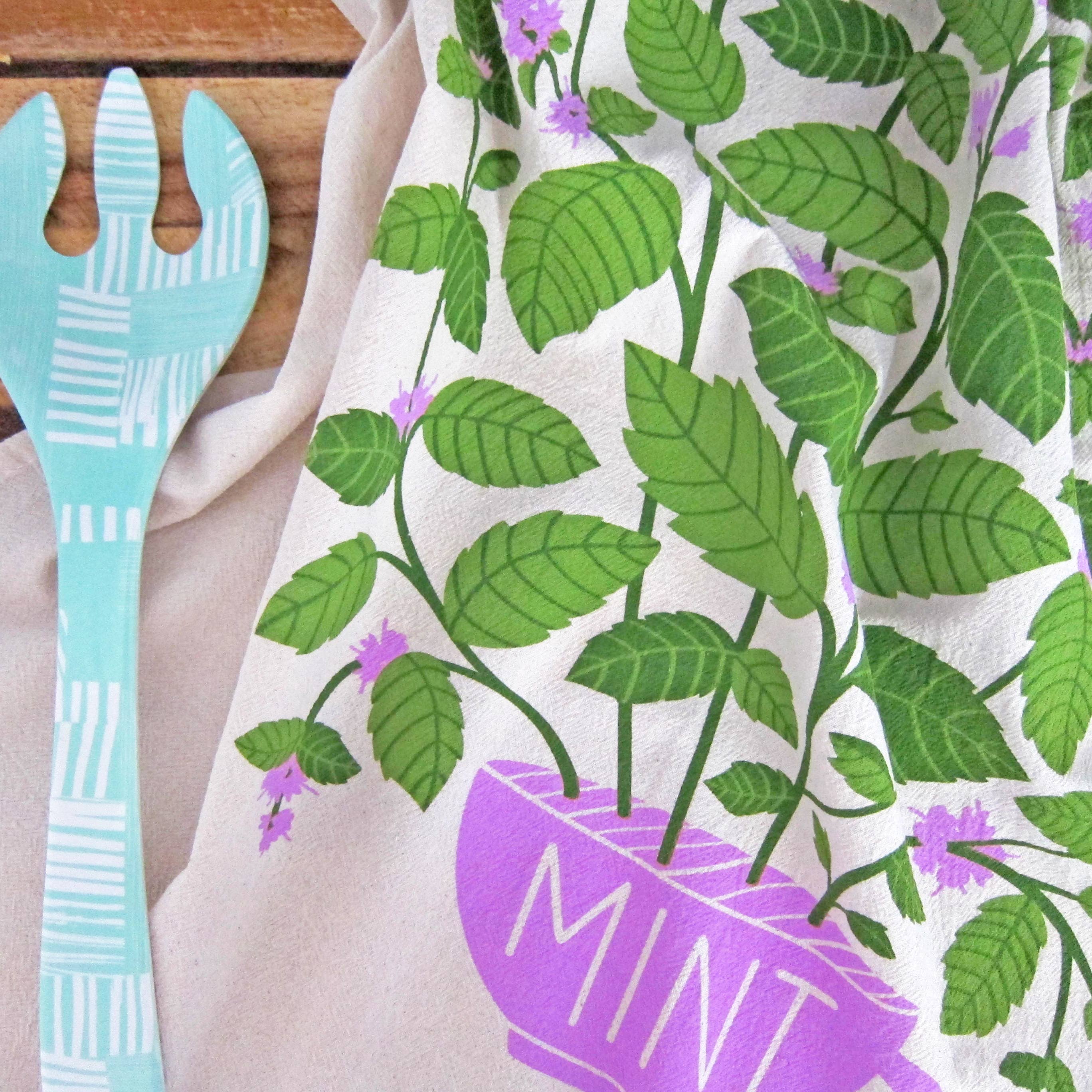 Fresh Herbs (Basil, Mint) Tea Towel Set of 2 showcasing vibrant herb designs on eco-friendly cotton towels, perfect for kitchen gifts and home décor.