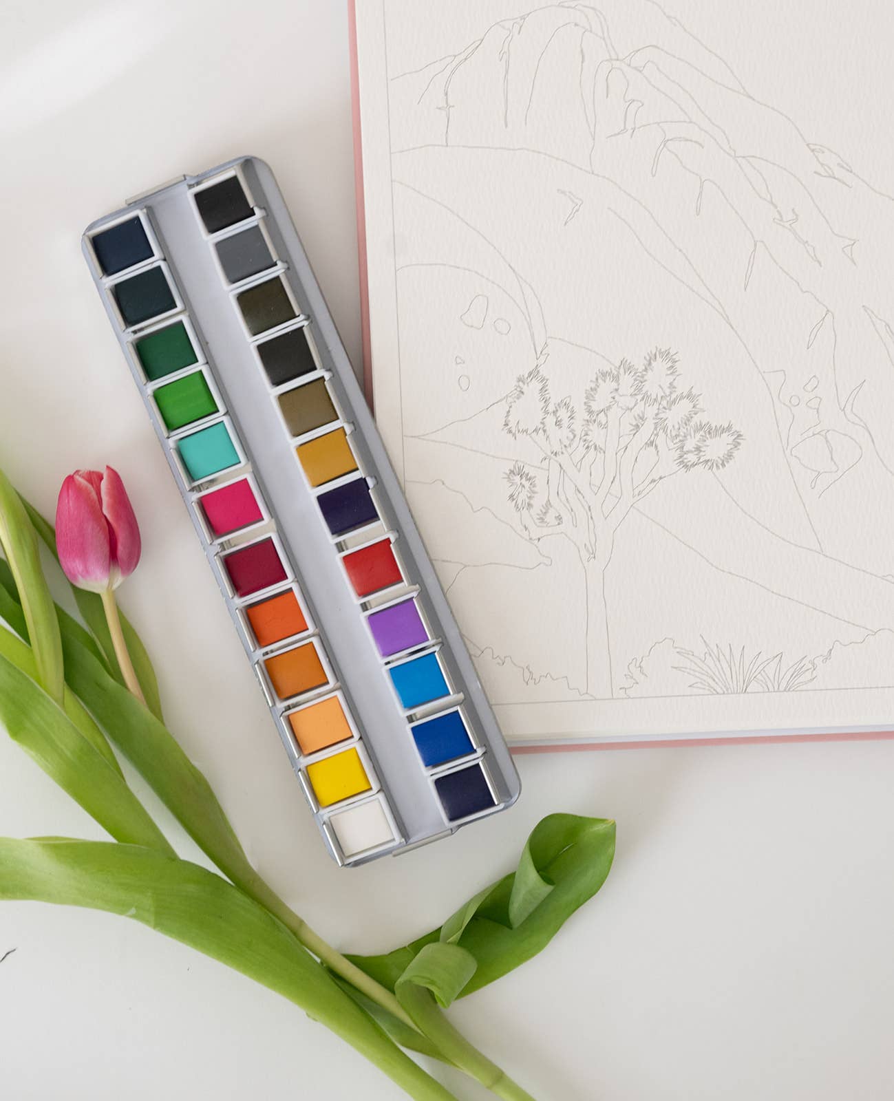 Close-up of the 24 Color Watercolor Paint Palette, featuring richly pigmented paints arranged in a stylish metal tin with a built-in mixing space.