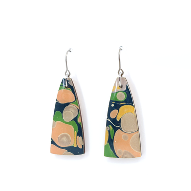 Navy, Green, Coral Pink Marble Dangle Modern Earrings by autumn + tree, handmade with unique marbled paper and coated in UV-cured resin.