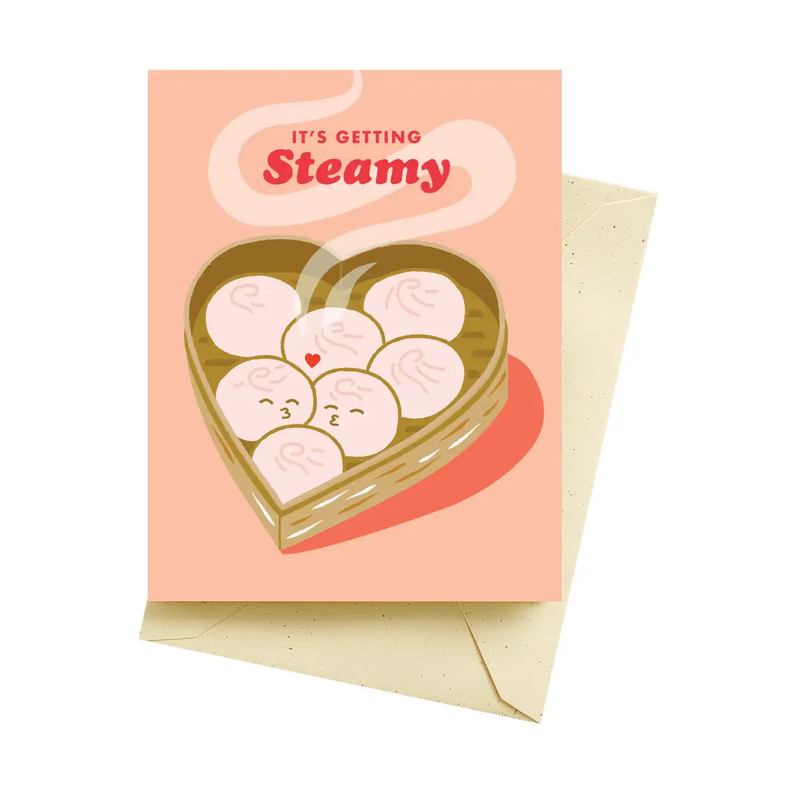 Valentine's Day card illustrating a heart-shaped box of dumplings with steam, captioned 'It's getting steamy.' by ARTISANS & agency.