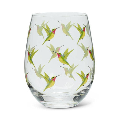 Hummingbird Stemless Wine Glass featuring colorful hummingbirds, perfect for toasting with friends in style.
