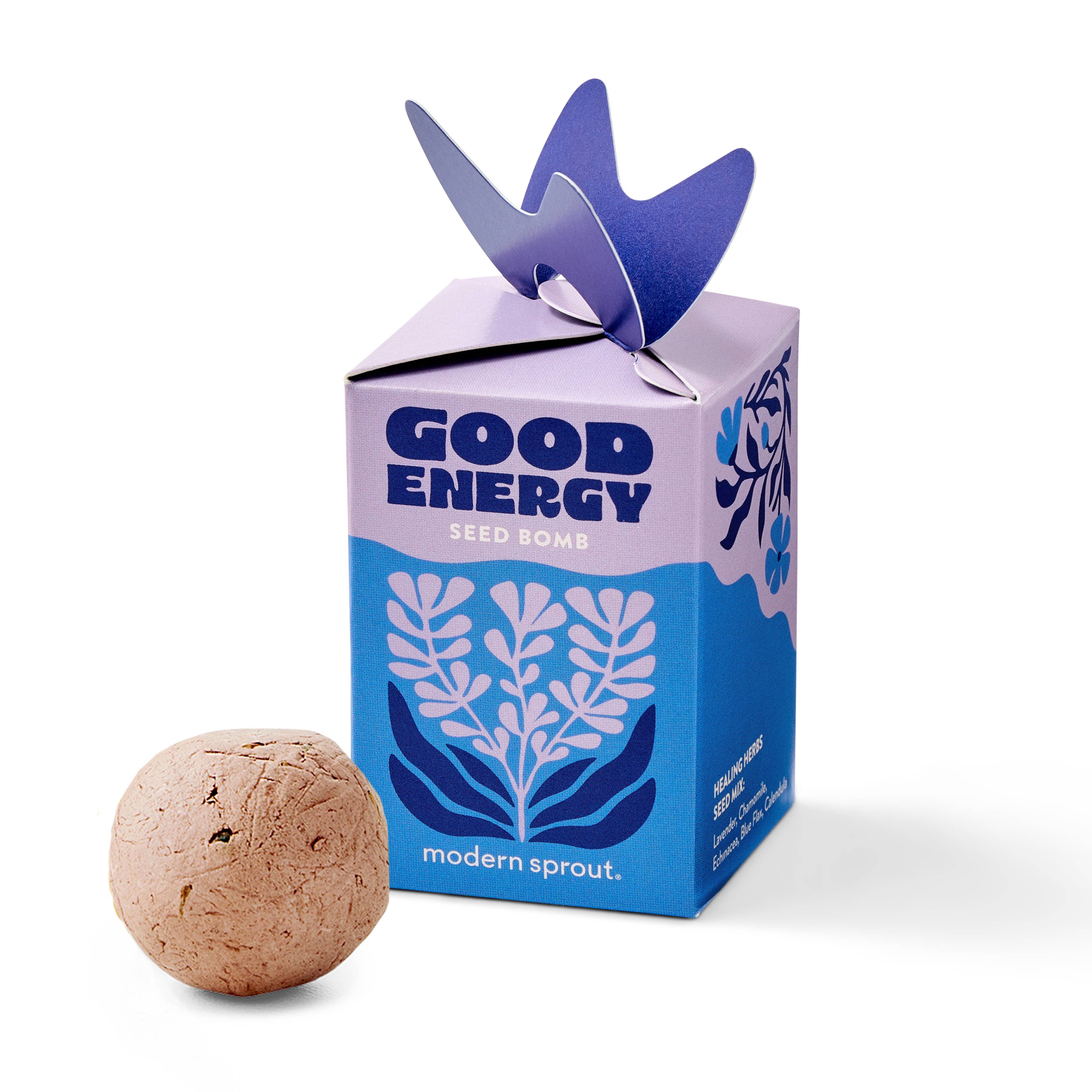 Modern Sprout Seed Bomb Refresh in Good Energy packaging, presenting a seed ball designed for planting healing herbs, emphasizing organic growth.