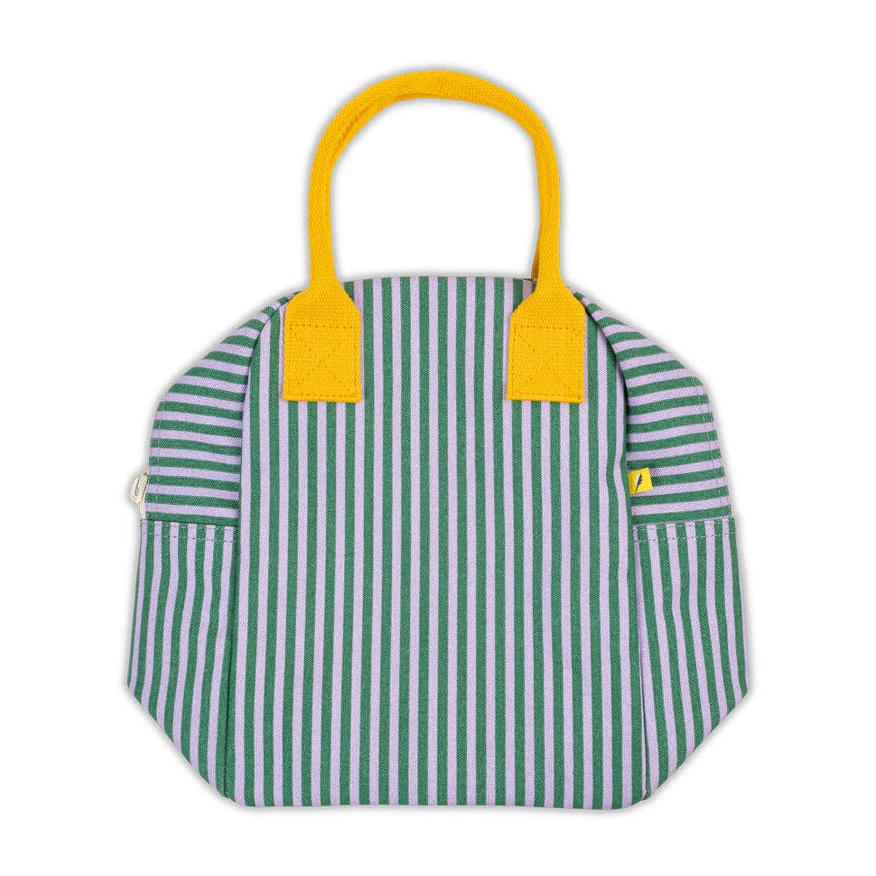 Green and white striped lunch bag with yellow handles