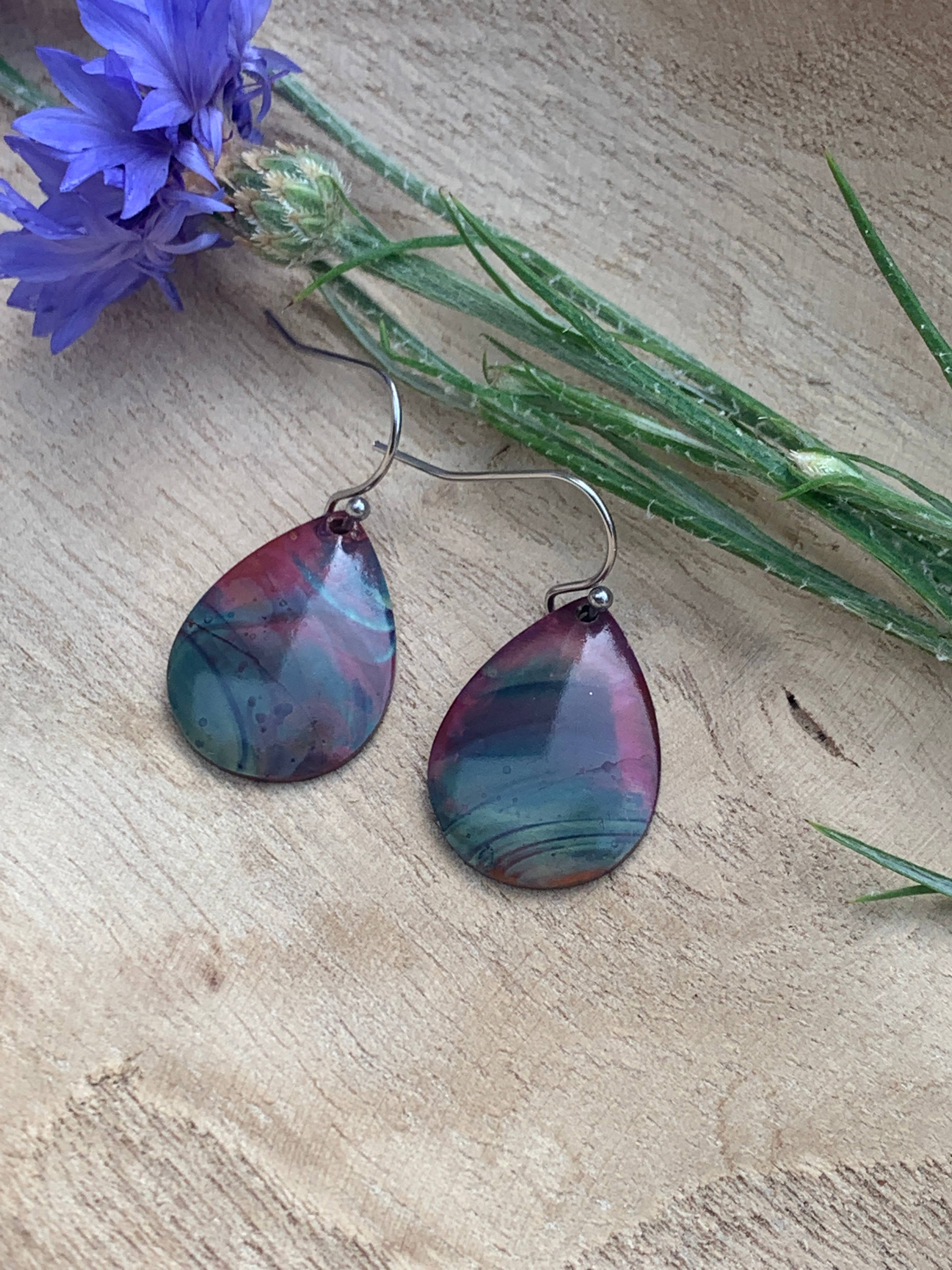 Small Teardrop Fire Painted Copper Earrings