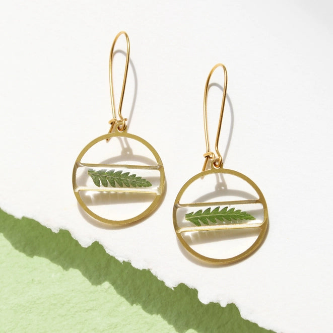gold hoop earrings with fern