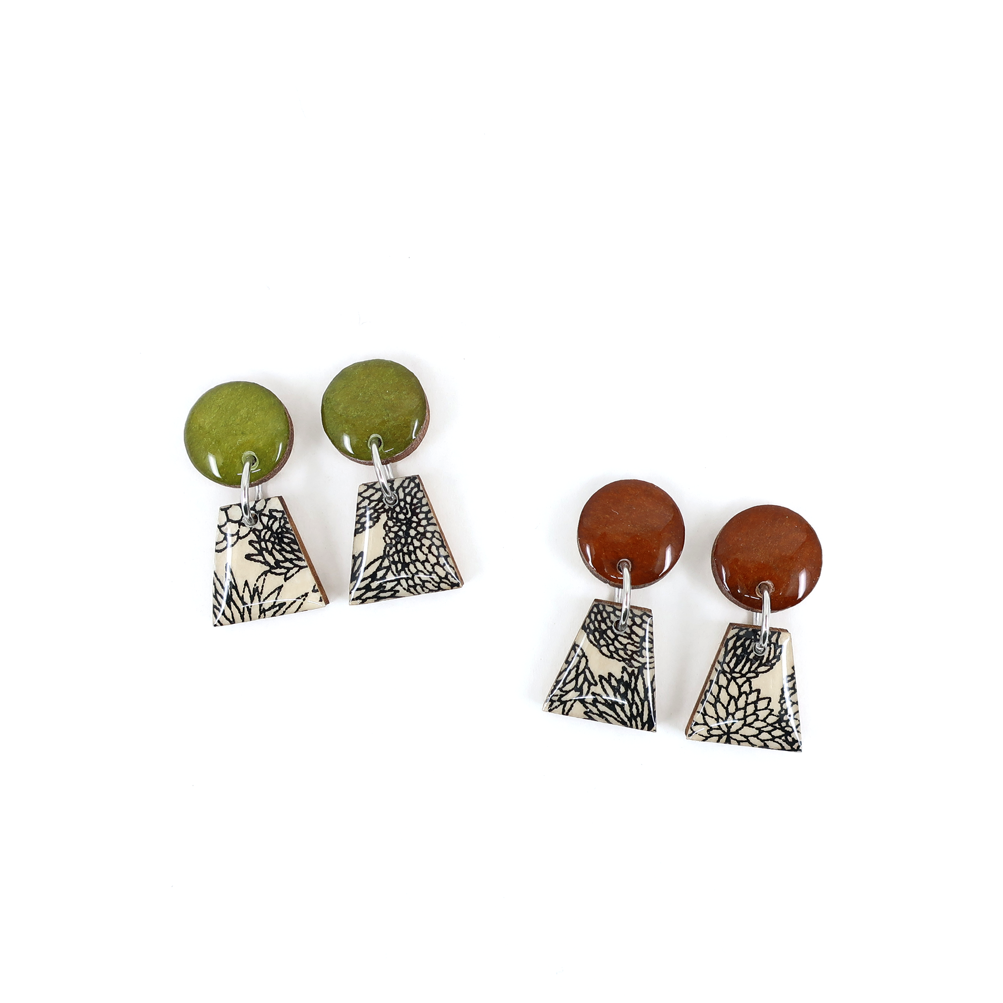 Stylish black and cream floral small drop earrings with Moss green details, crafted from laser cut wood and UV-cured resin for lasting beauty.
