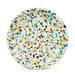 Crow Canyon Home Catalina Enamelware Coupe Dinner Plate in colorful speckled design featuring teal, orange, and navy dots on a cream background.