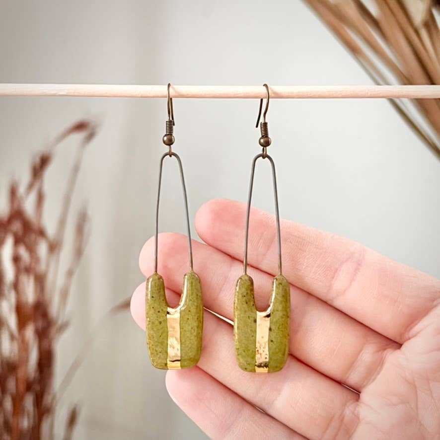 Speckled Olive and Gold Dropped Rectangle Clay Earrings