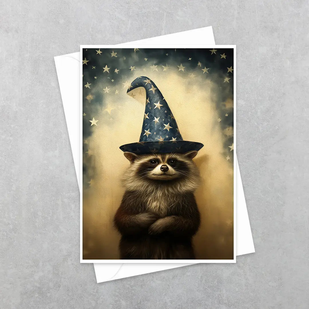 raccoon wizard greeting card