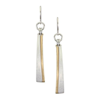 Thin Rays Wire Earrings by Marjorie Baer, showcasing elongated design with hammered brass and silver, capturing light with subtle texture.